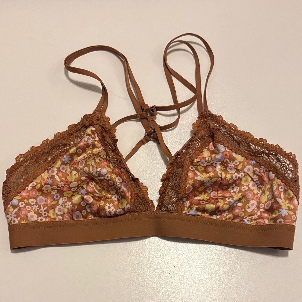Aerie Lace Bralette Retro Floral Rust Brown Criss-cross back Straps Size Small